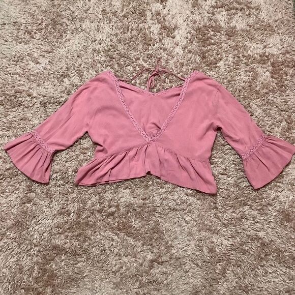DMonas Pink Bohemian Hippie Cropped Ruffle Peasant Blouse Size Medium - Picture 8 of 11
